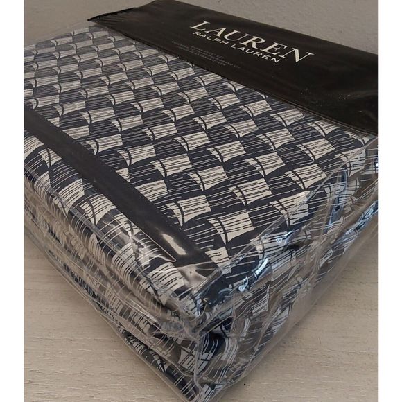 Ralph Lauren CASEY GEO PRINT Navy Cream 100% Cotton Queen Sheet Set Bedding - Picture 4 of 10